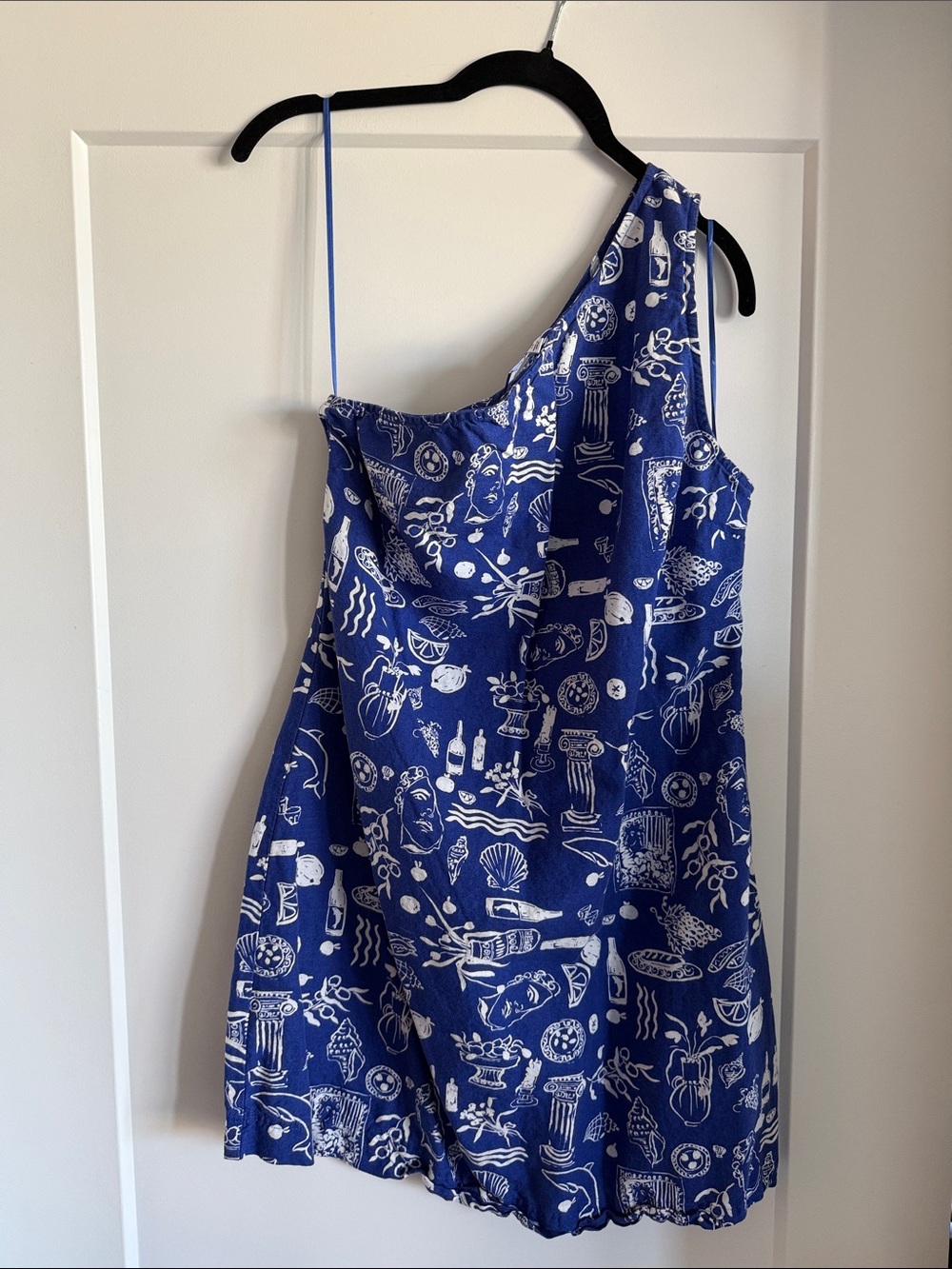 Madewell x Lisa Says Gah Blue and White One-Shoulder Mini Dress
